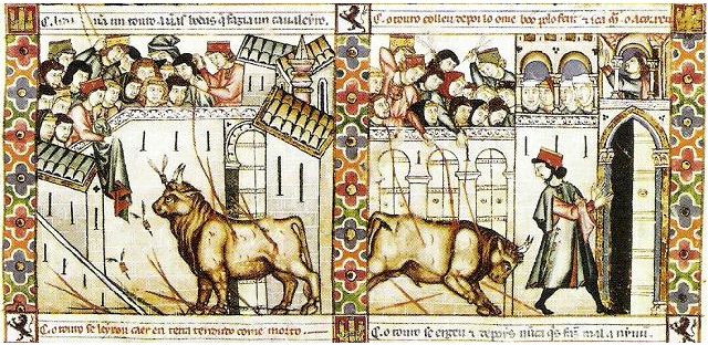 Correr toros. Alfonso X el Sabio, Cantigas de Santa María, miniatura de la cántiga número 144. "il.lustració"